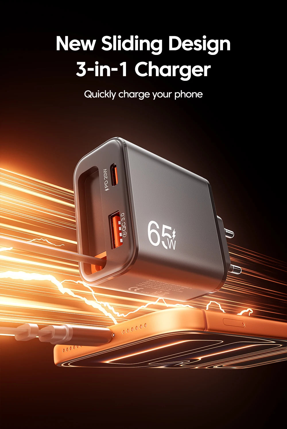 65W USB C Fast Charger with Retractable Cable - Tidesmit Tidesmit
