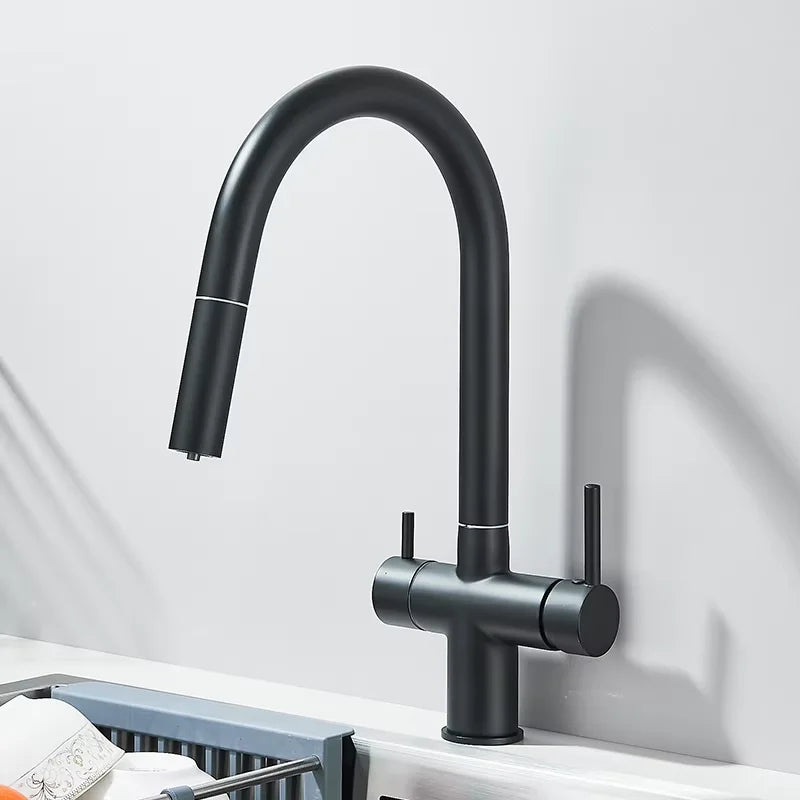 Pure Water Filter Kitchen Faucet Pull Out Flexible Kitchen Faucets Dual Handle Stainless Steel 2 in 1 Hot Cold Water Mixer Tap