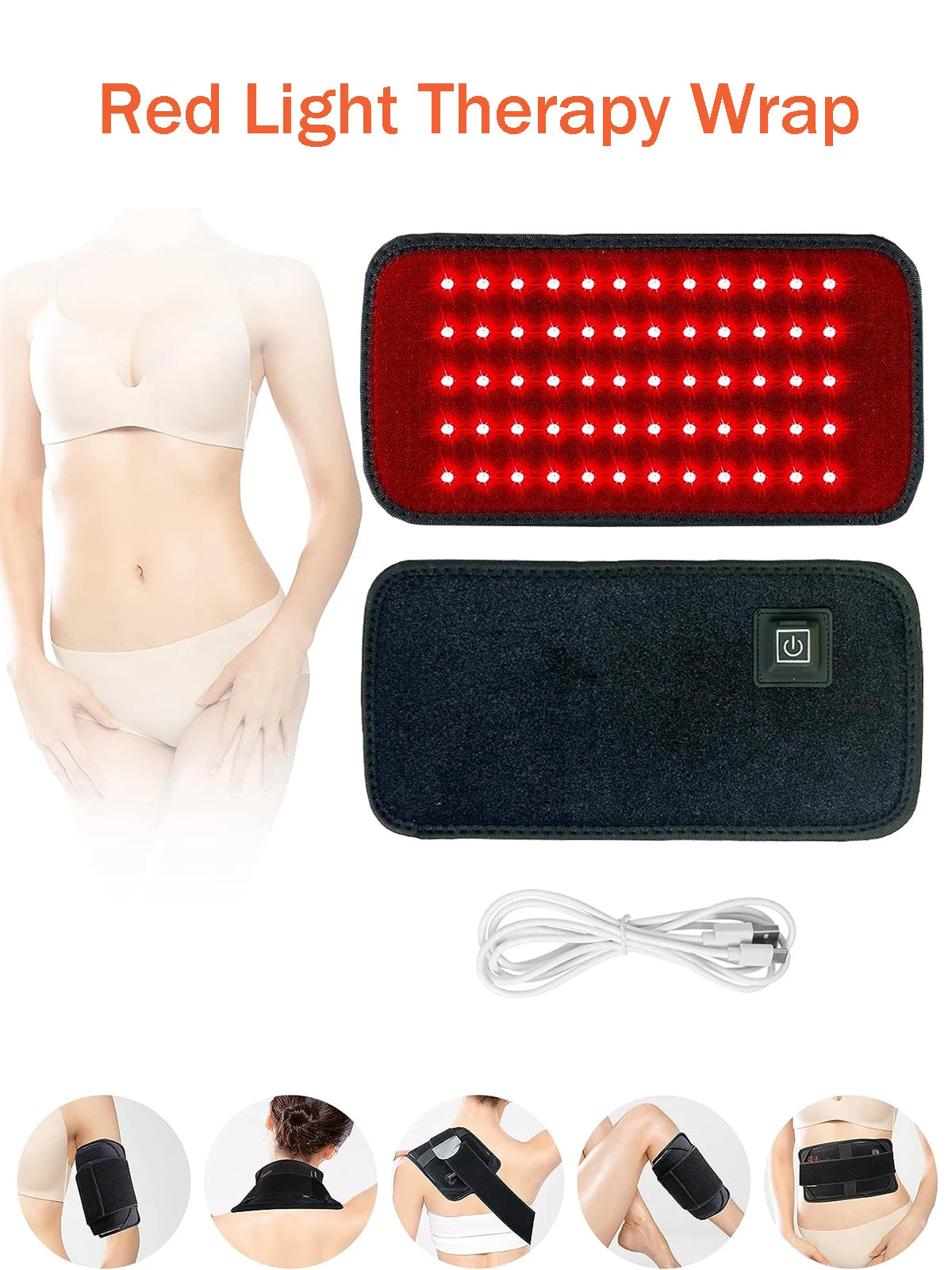 Red light therapy belt showing front and back with LEDs, power button, USB cable, and usage on various body parts.
