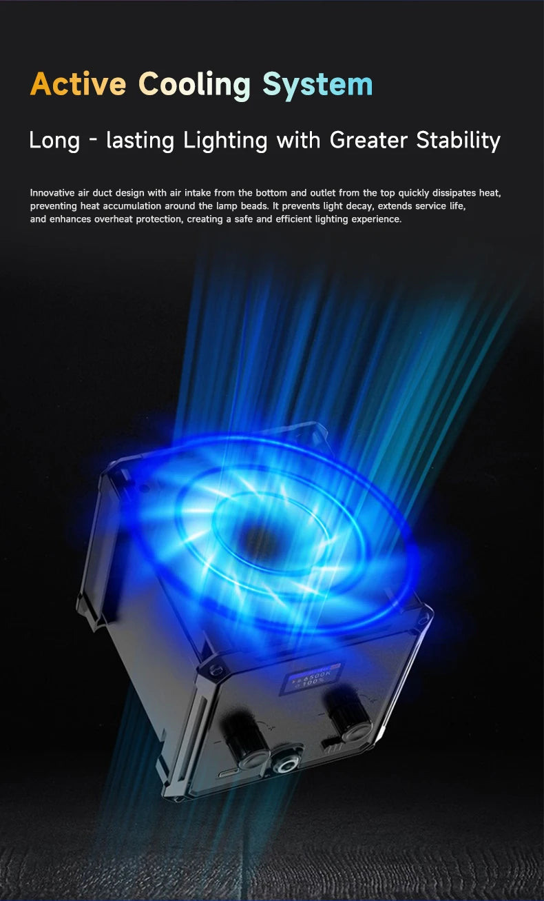 Black square active cooling system unit with a top-facing blue glowing fan and adjustment knobs for lighting control.