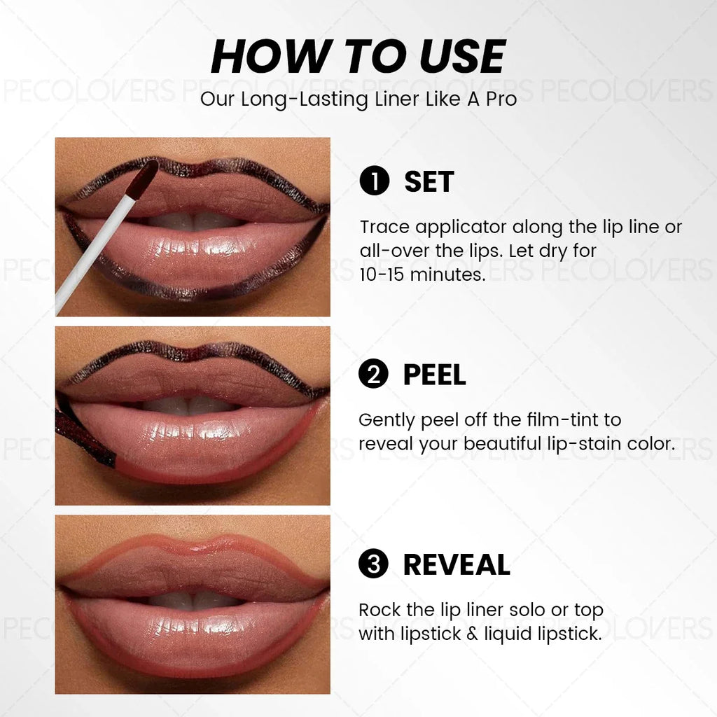 Matte peel-off lip liner tutorial showing applicator use, dark film stain, and natural lip tint reveal.