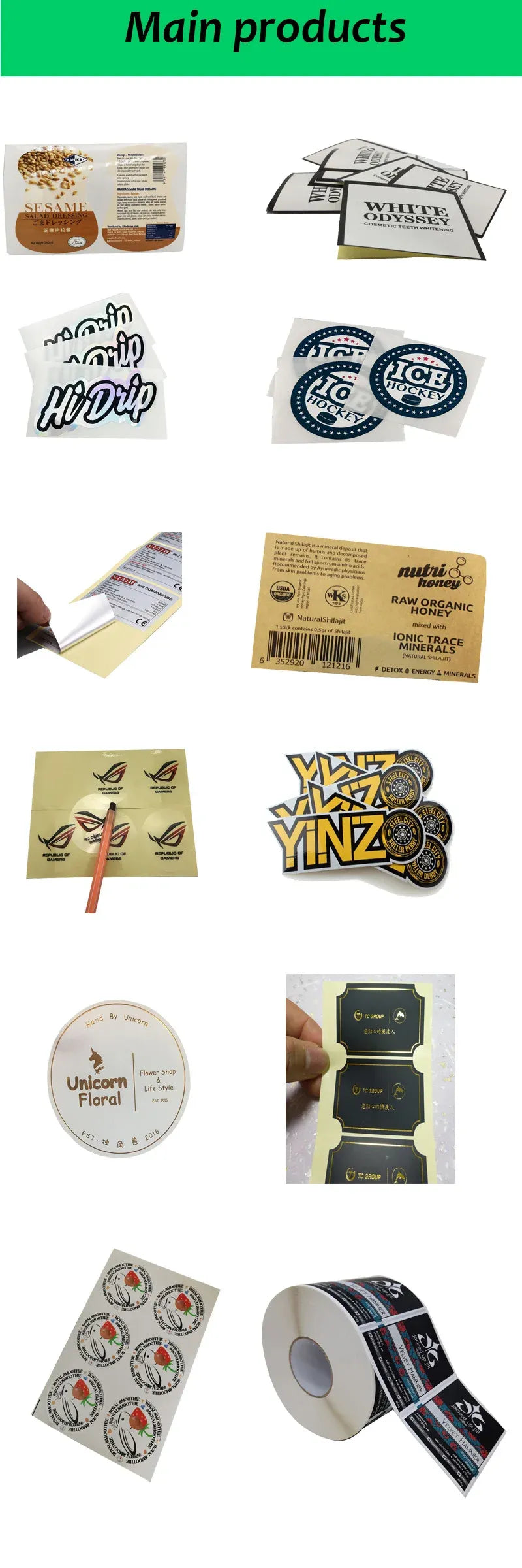Assorted printed adhesive labels and stickers in multiple shapes and designs on sheets.