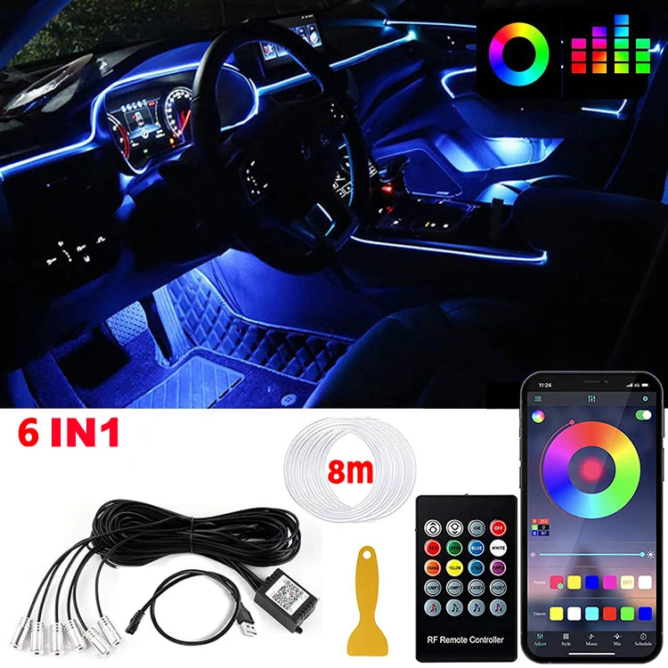 LED Car Interior Ambient Lighting Kit with RGB Smartphone Control 6 in 1 8M USB Tidesmit