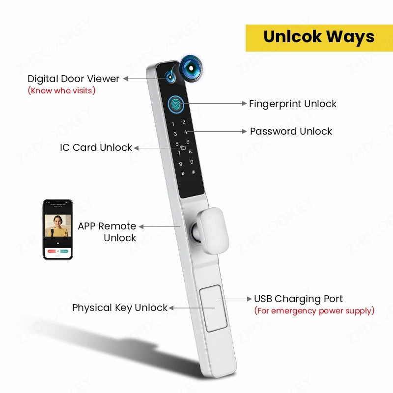 Smart Lock with Camera Door Viewer Waterproof IP66 Tuya WiFi Fingerprint Password Sliding RFID Card Sliding Electronic Door Lock