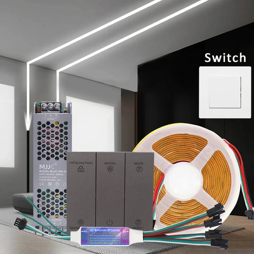 Flexible COB LED strip light set with controller, power module, and switch