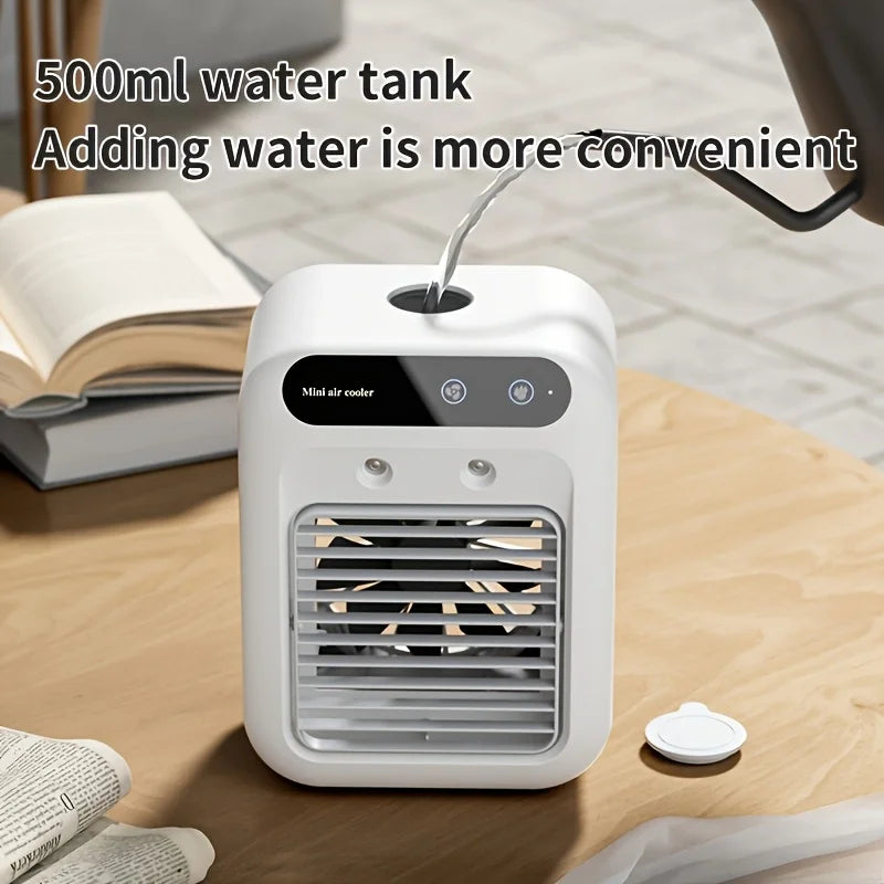 Tidesmit portable mini air cooler with water tank and 1800mAh battery, side view showing compact cooling fan design