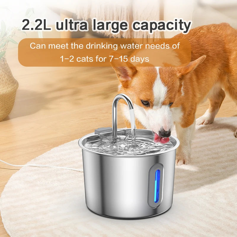 Dog drinking from a 2.2L stainless steel automatic pet water fountain with filter for clean, fresh hydration.