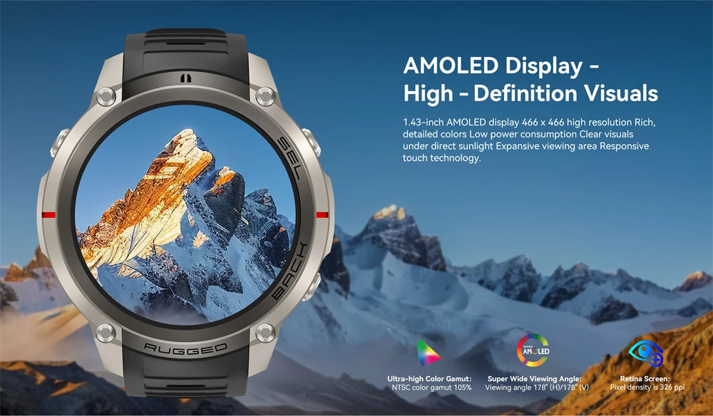 New Rugged GPS Sport Smartwatch 1.43" AMOLED Screen 5ATM Waterproof Offline Map Compass 500mAh Smart Watch for Men Android iOS