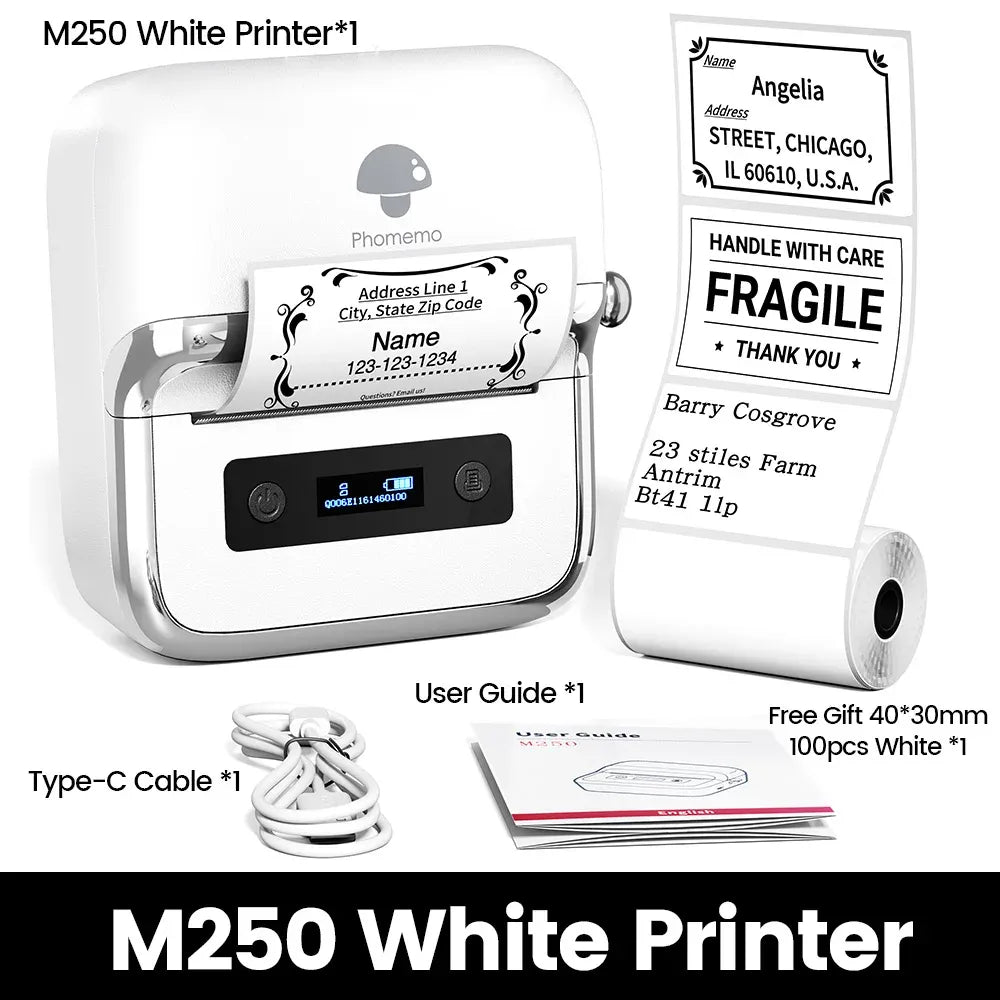 White thermal label maker kit with user guide, Type-C cable, and roll of labels