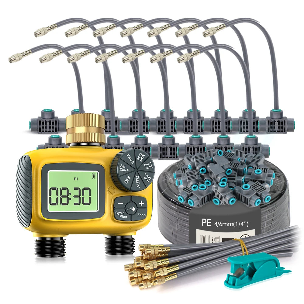 Gardening Dual-Way Independent Control Irrigation Timer Mist Cooling Kit Custom DIY Watering Schedule Quick Connect Accessories