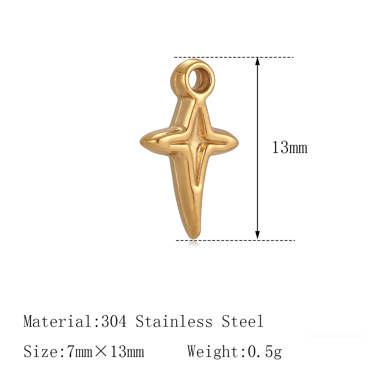 Gold North Star stainless steel charm, 13mm jewelry pendant for DIY pet collars or bracelets.
