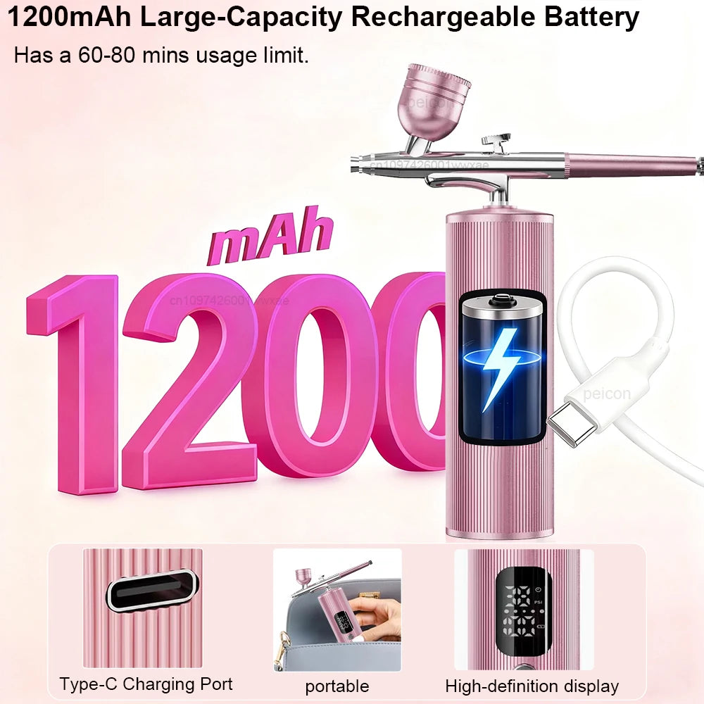 Pink portable airbrush nail kit with 1200mAh rechargeable battery, Type-C charging, and digital display screen.