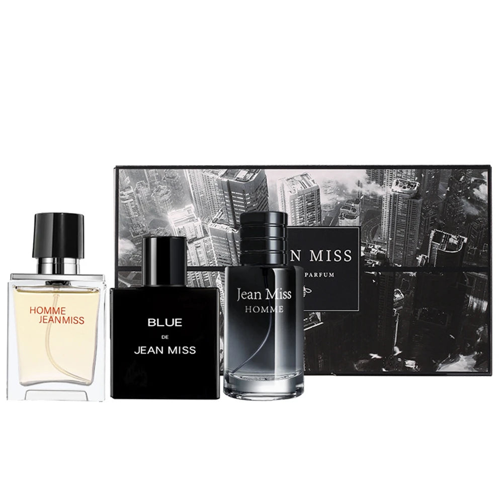 Jean Miss 3pc Men's Parfum Gift Set. Includes three 90ml cologne bottles with sleek glass and black modern designs.