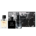 Jean Miss 3pc Men's Parfum Gift Set. Includes three 90ml cologne bottles with sleek glass and black modern designs.