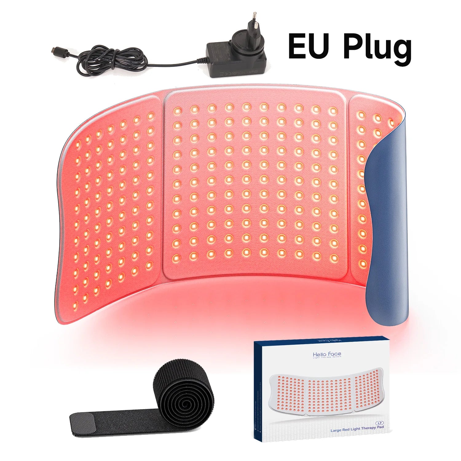 Hello Face L7 red light therapy pad with 792 LED chips, dual-wavelength, adjustable strap, and EU plug for body use.