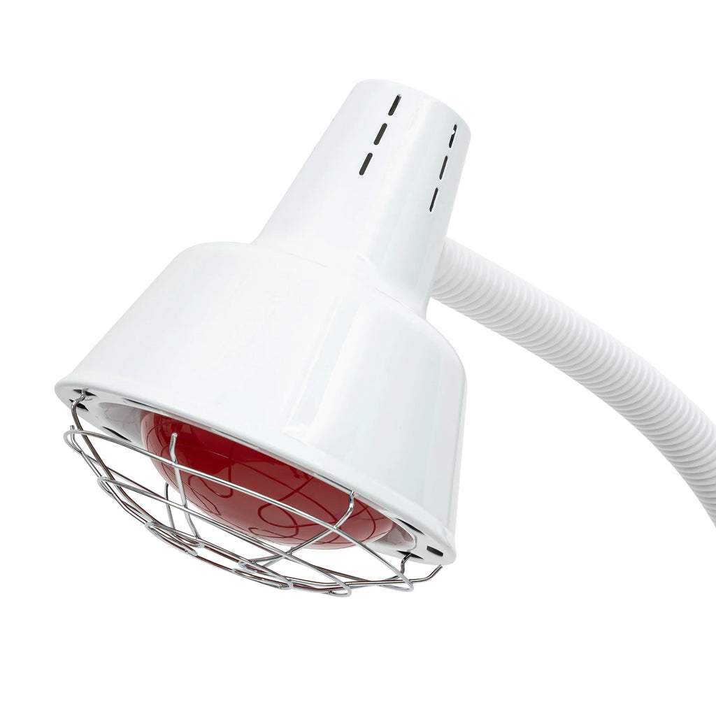 275W infrared heat lamp with red bulb and protective wire cage, flexible white arm for pain relief therapy.