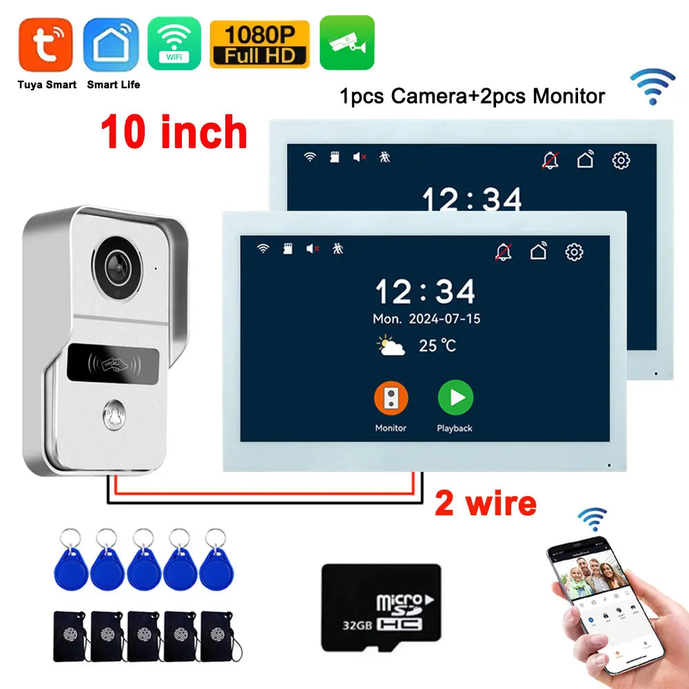 10-inch video door intercom kit with white camera, monitor screens, and 2-wire setup