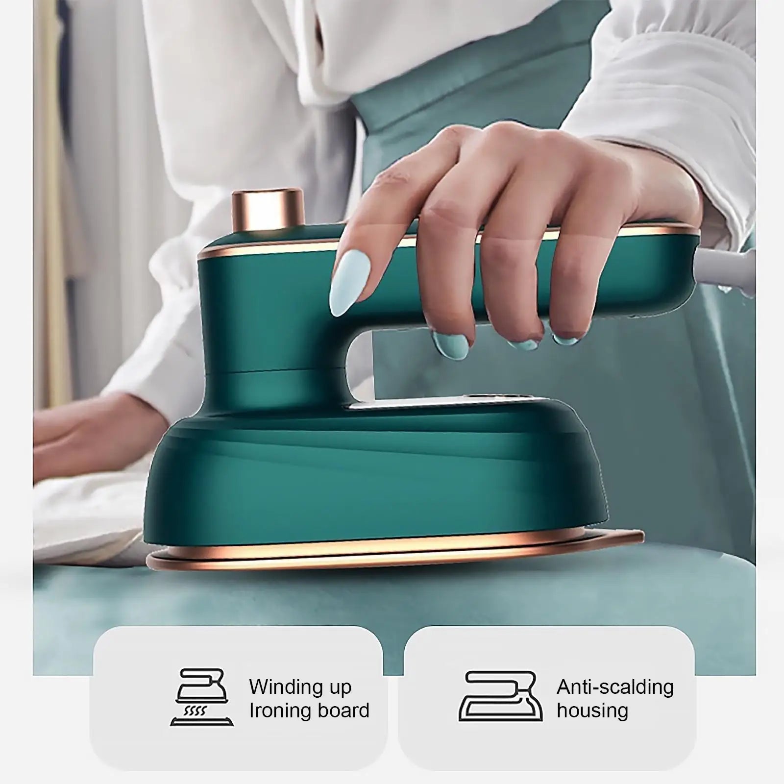 Tidesmit portable handheld garment steamer showing steam nozzle and heat-up control for wet and dry ironing