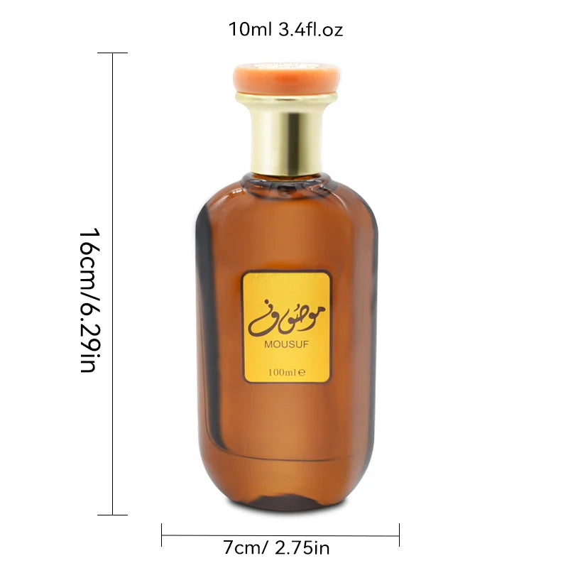 Mousuf Intense 100ml EDP: Unisex Arabian sweet musk perfume in a classic round glass bottle with gold cap and label.