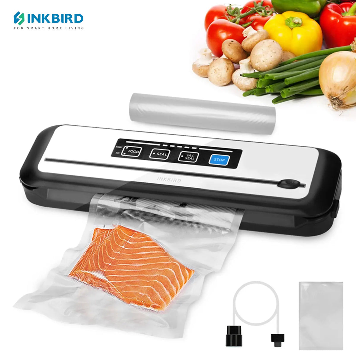 Compact vacuum food sealer on countertop with sealed bag and accessory ports