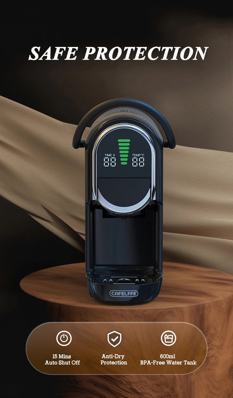 Cafelffe black coffee maker with digital display, 600ml BPA-free water tank, and auto shut-off safety features.