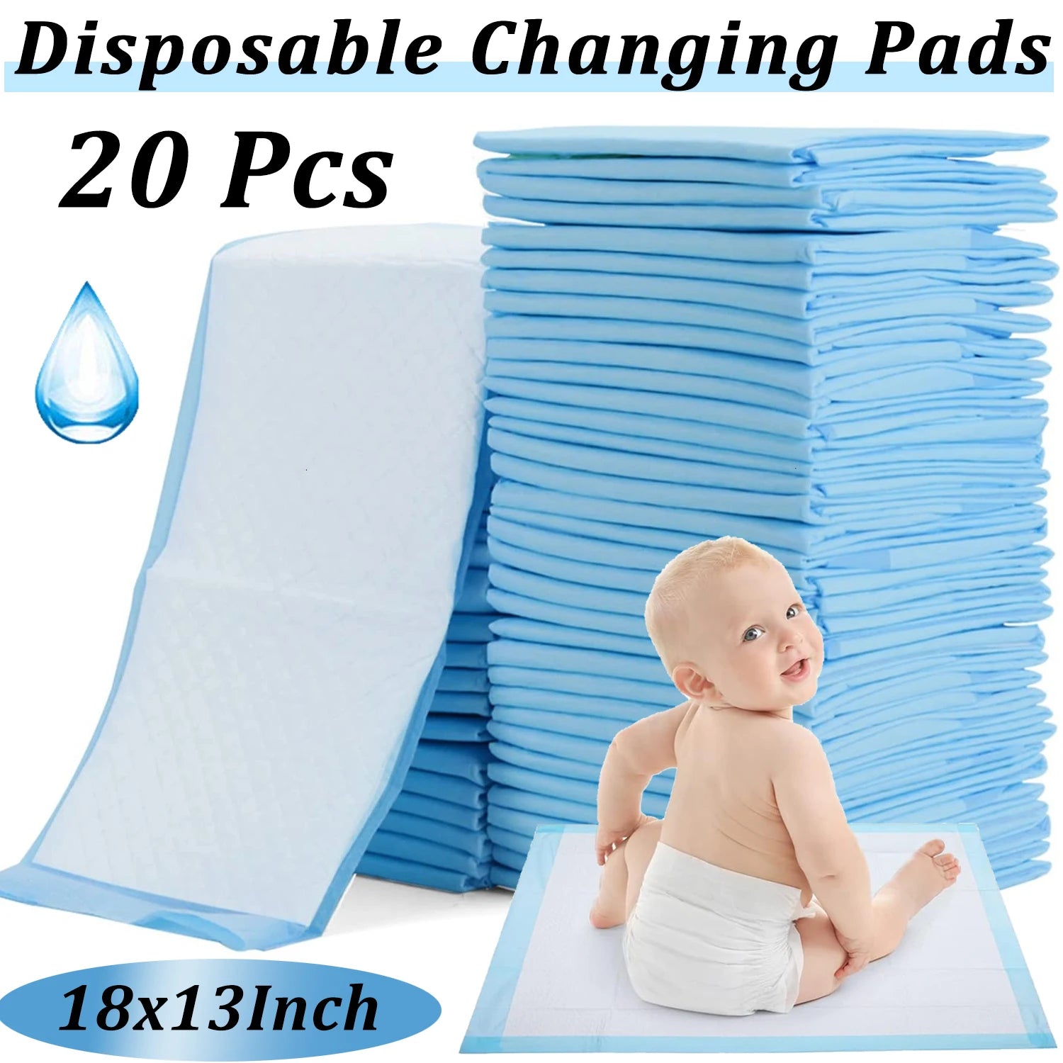20-count pack of 18x13 inch blue disposable baby changing pads for portable diaper care.