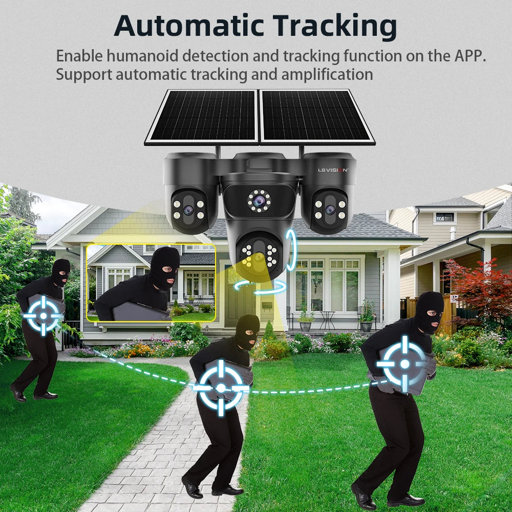 LS VISION 4-Screen 12X Optical Zoom Solar Outdoor Surveillance Camera 4G SIM AOV 24/7 Video Recording Cam Ai Auto Zoom Tracking