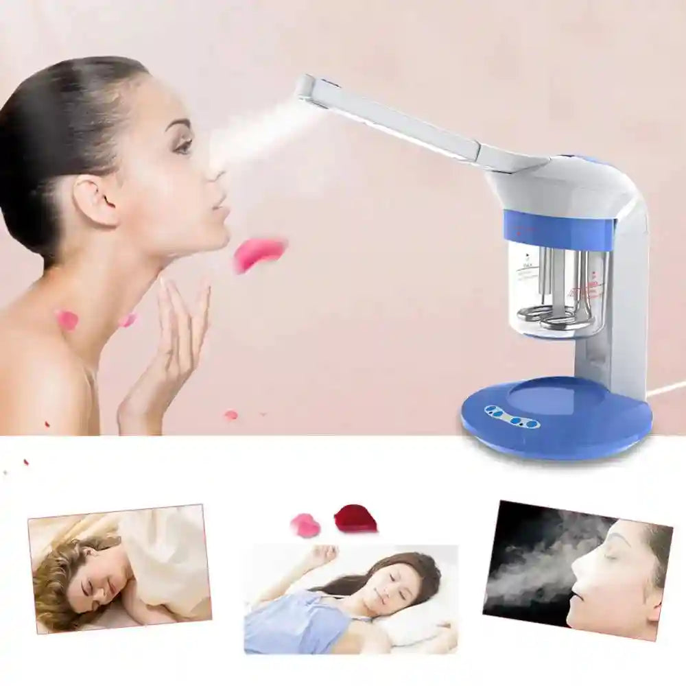 Blue and white professional facial steamer emitting nano mist for deep pore cleansing and home spa skincare treatment.