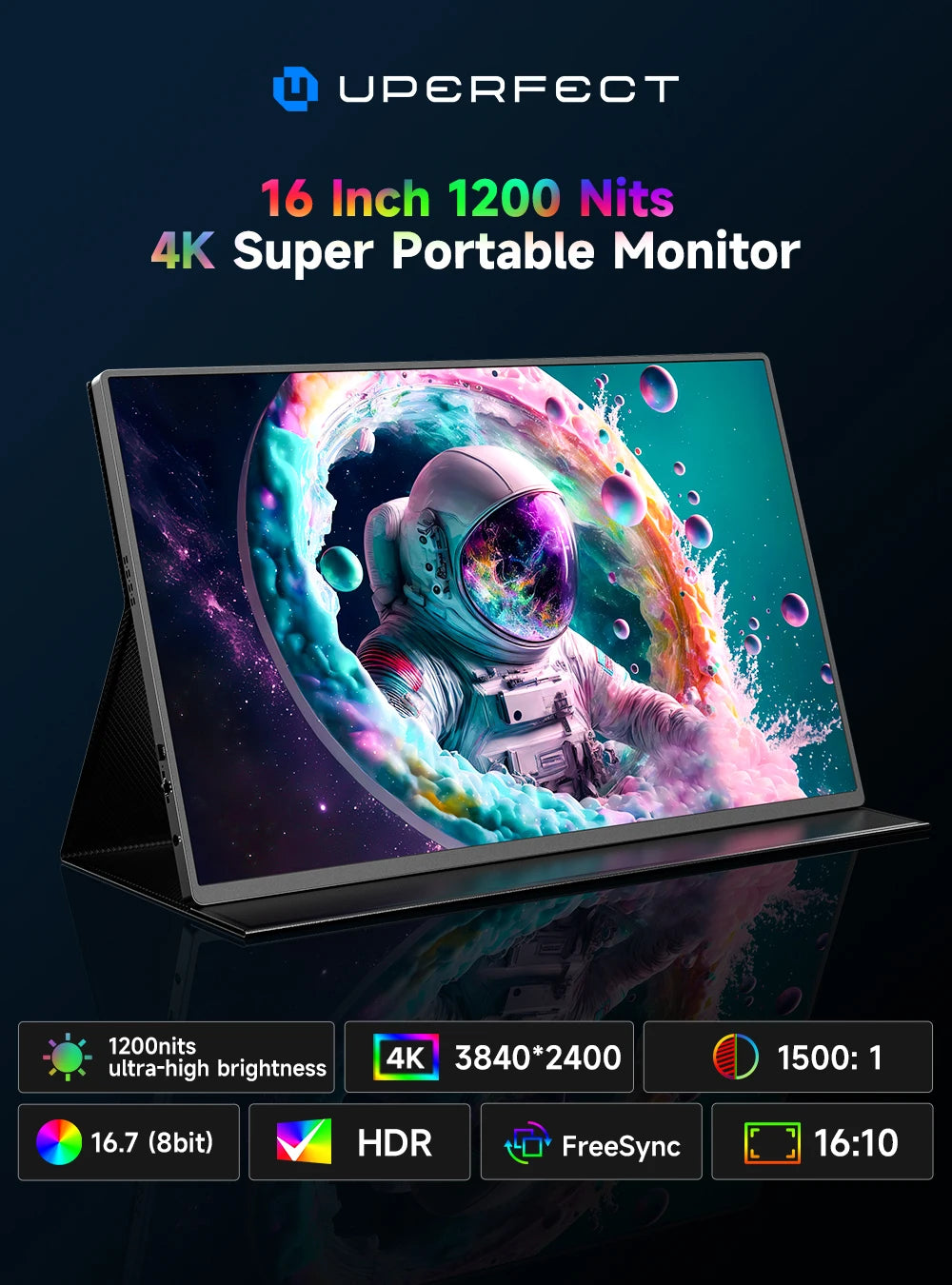 UPERFECT 4K Portable Monitor 16" 3840x2400 IPS 1500:1 1200Nits USB C HDMI Computer Gaming Display with Speakers DC Eyes Care