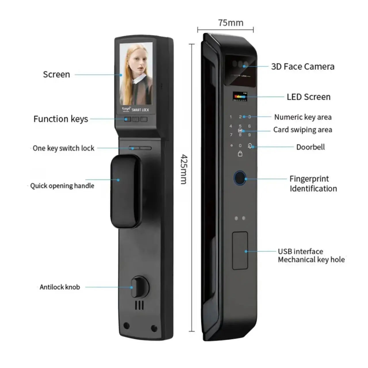 WIfi Tuya APP Remote Unlock Voice Intercom 3D Face Recognition Smart Door Lock With Camera Fingerprint Password Digitl Door Lock