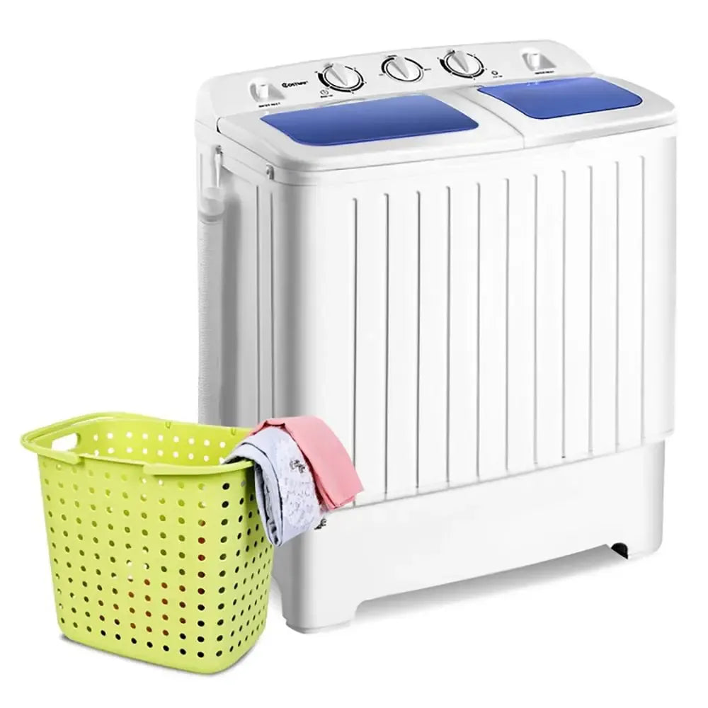 Portable washing machine with twin tubs, white body, blue lids, and a green laundry basket.