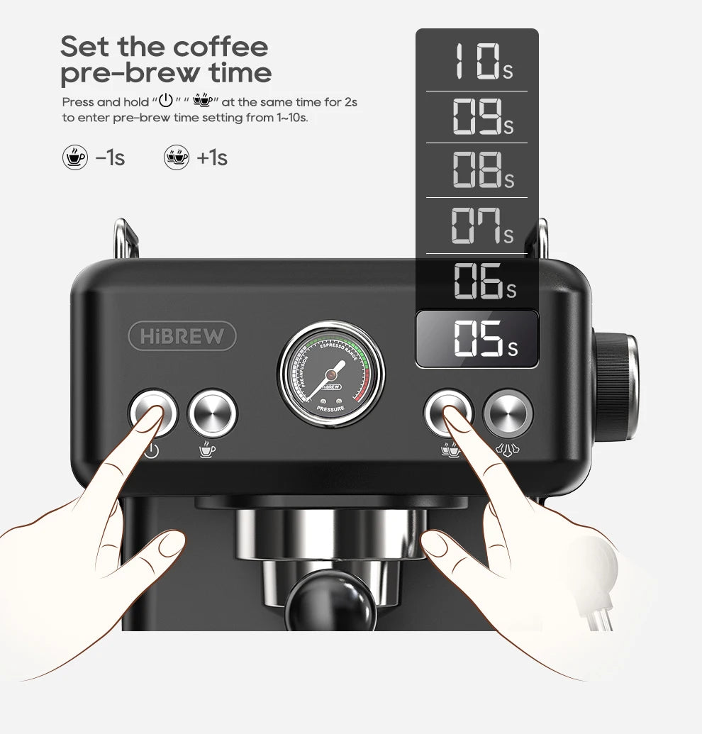 HiBREW black espresso machine showing hands setting pre-brew time on digital display with analog pressure gauge.