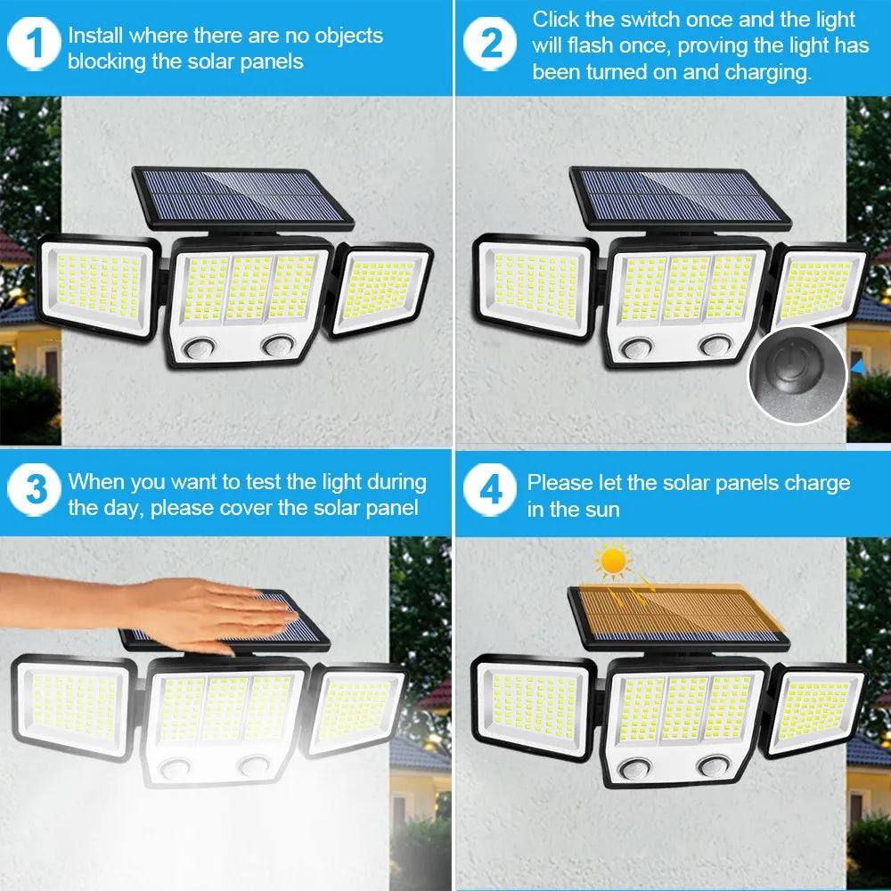 Solar Lights Outdoor 3 Heads Motion Sensor 286/236LED Security Flood Lights Waterproof 3 Modes Wall Lamp for Garden Patio Yard