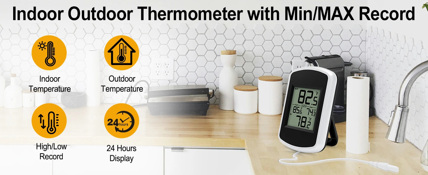 Wired Digital Thermometer Waterproof Indoor Outdoor Temperature Monitor with Min/Max Record 2m Line Probe Sensor for Home Room