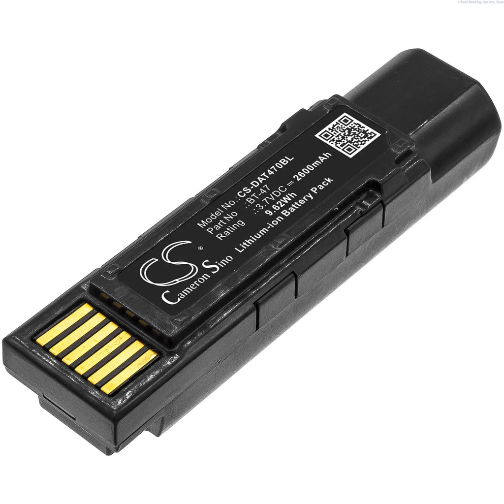 Black barcode scanner battery pack with label text and gold contact strip