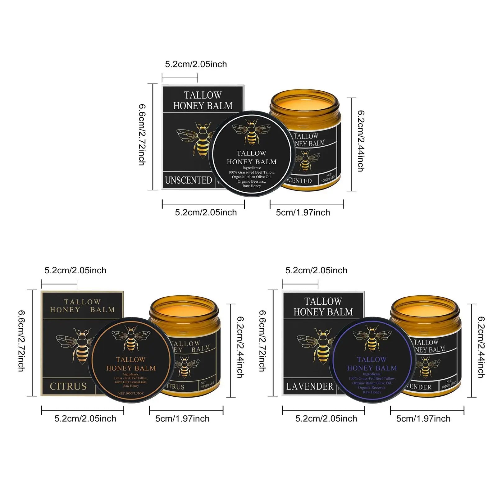 Tallow Honey Balm Grass-Fed Beef Tallow Raw Honey Moisturizing Skin Balm 3 Scents Citrus Lavender Unscented Face Body Care