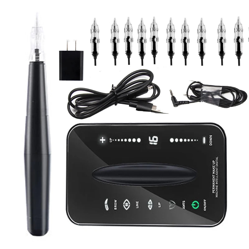 Black digital permanent makeup machine kit with pen, power supply, cables, and ten replacement needle cartridges.