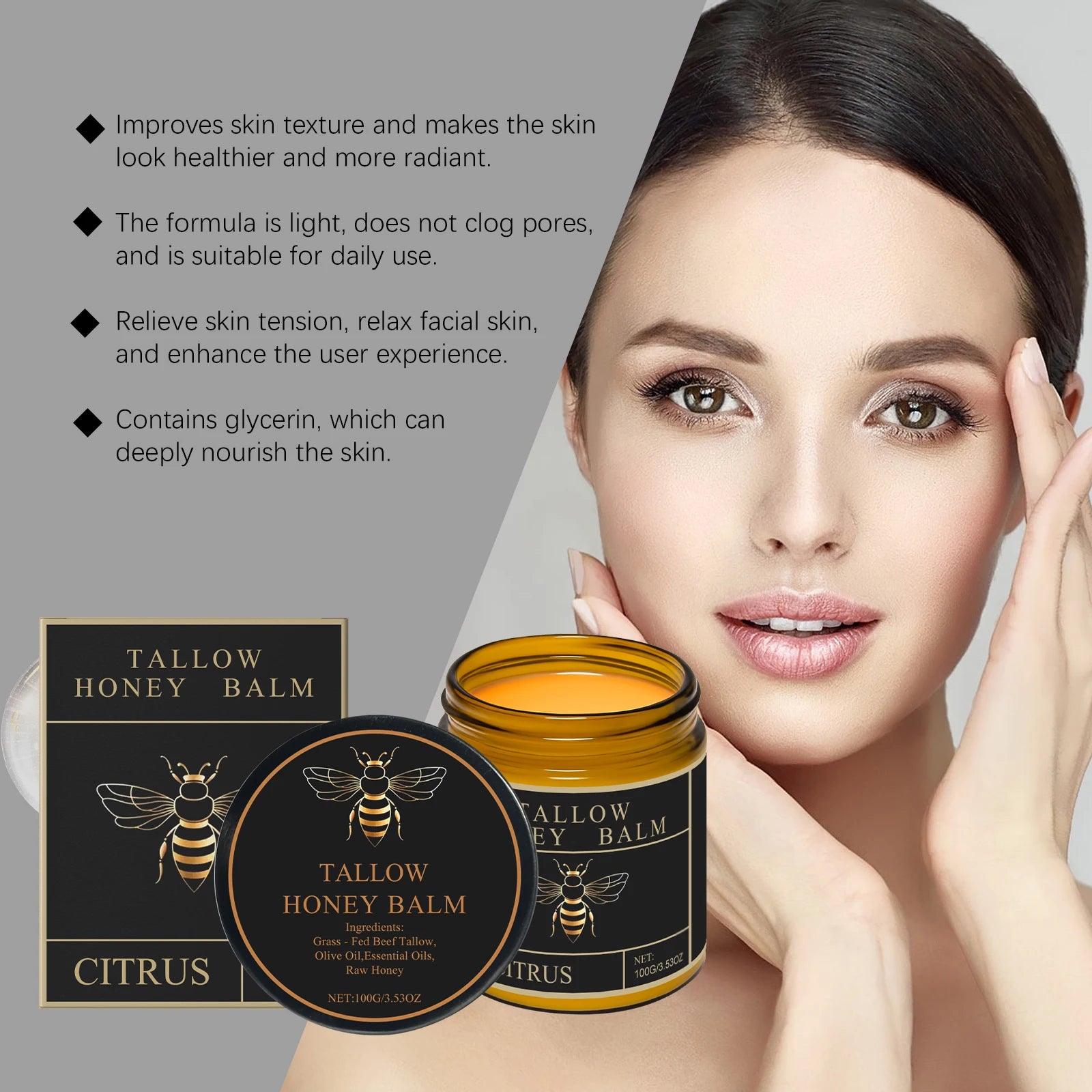 3Designs Natural Grass Fed Beef Tallow Honey Balm Lasting Hydrating Skin Improve Elasticity Korean Face Body Moisturizer Lotion