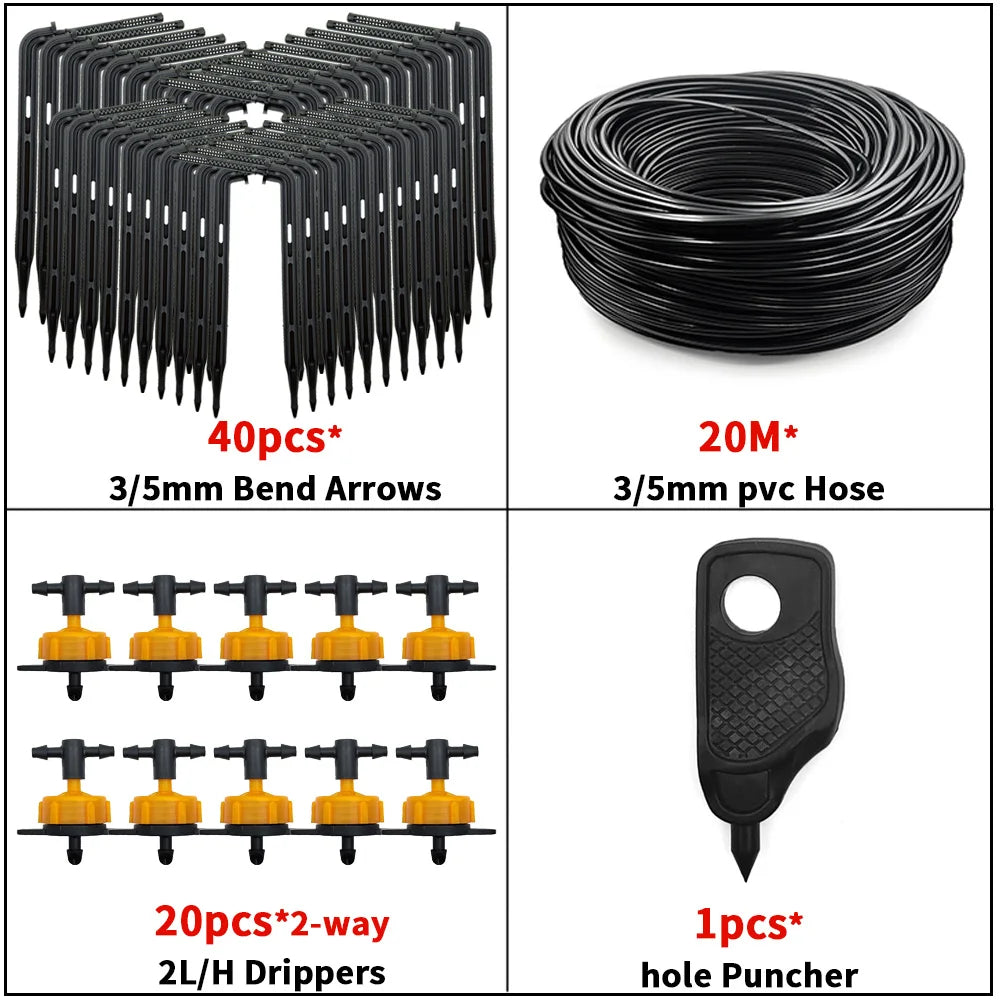 Drip irrigation kit with 3/5mm bend arrow stakes, coiled hose, and hole puncher