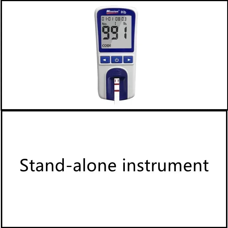 Mission Hb hemoglobin analyzer home testing meter with test strip inserted for quick anemia monitoring.