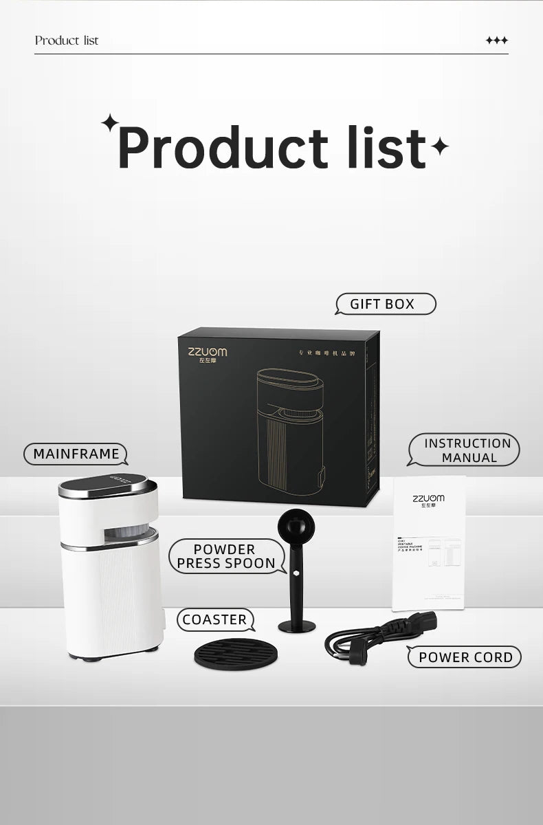 ZZUOM portable white coffee machine kit with mainframe, gift box, powder spoon, coaster, cord, and manual.