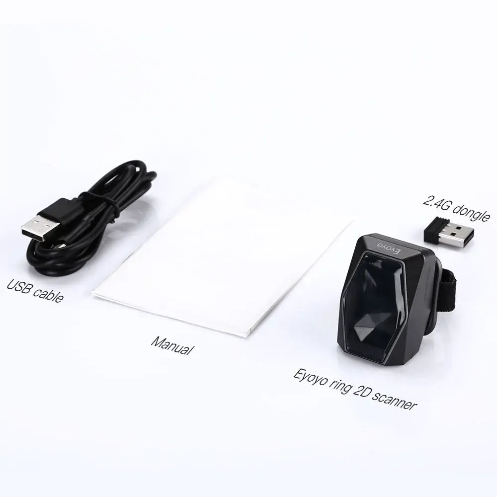Wearable barcode scanner ring kit with USB cable and manual, black device