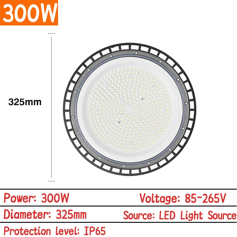 300W UFO LED high bay light with black ring, round lens, 325mm diameter