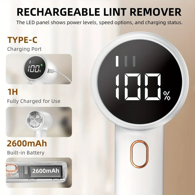 Tidesmit 6-blade USB rechargeable fabric shaver with LED display showing battery life for clothes and sweaters