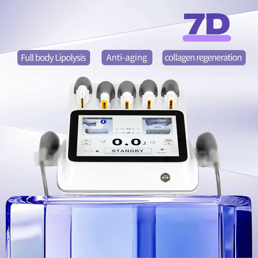 White 7D beauty SPA machine with a digital touchscreen, multiple probe attachments, and a blue base.