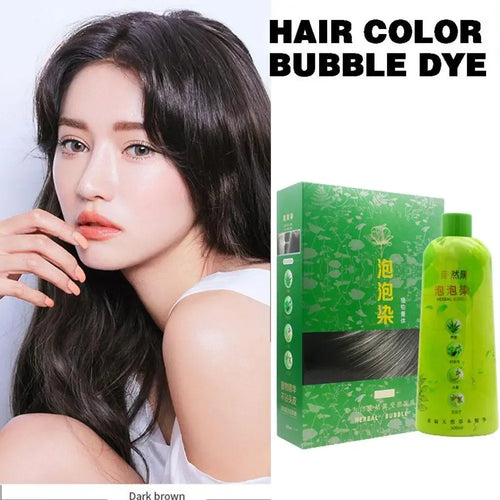 Black hair dye shampoo bottle with box for long-lasting gray coverage, plastic-free hair color bubble dye for all.