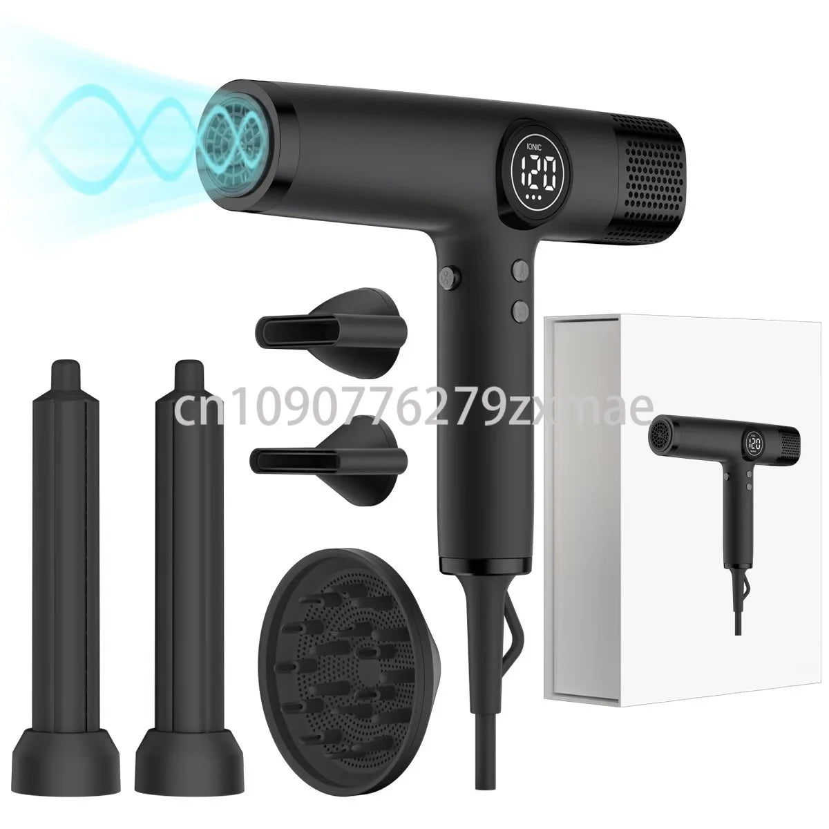Black 1800W high-speed hair dryer with digital display, magnetic styling attachments, and professional diffuser.