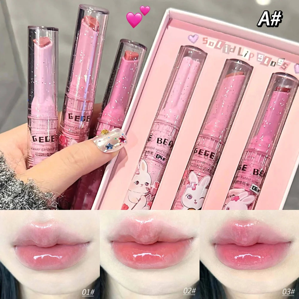 Gege Bear Garden Rabbit solid lip gloss set, moisturizing watery colored lip balm for a glossy, tender makeup look.