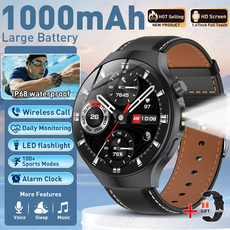 Smartwatch with black round display on brown leather-style strap
