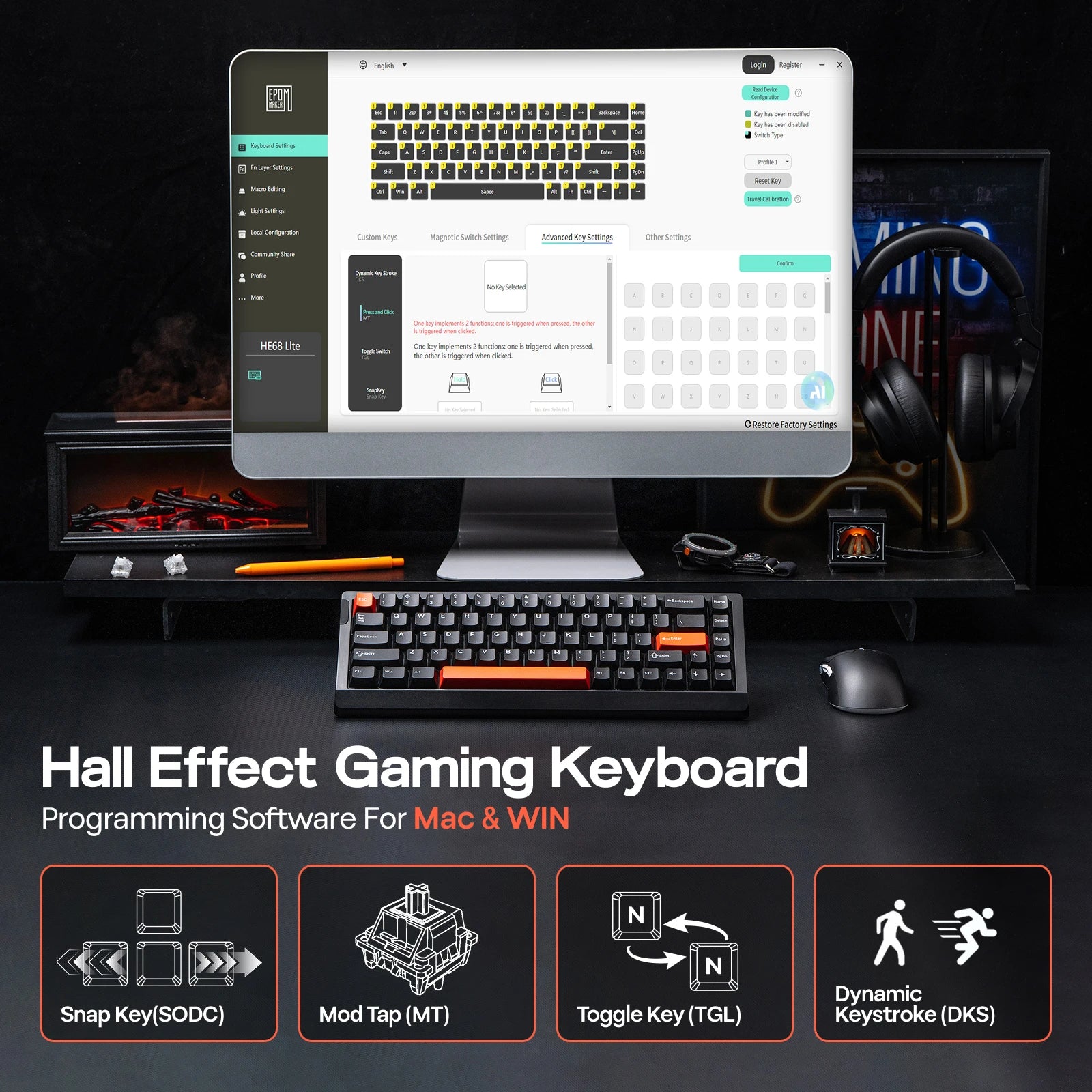 EPOMAKER HE68 Lite 65% ANSI US Layout Tray-Mounted Wired Hall Effect Magnetic Mechanical Keyboard DKS SOCD RGB Backlight